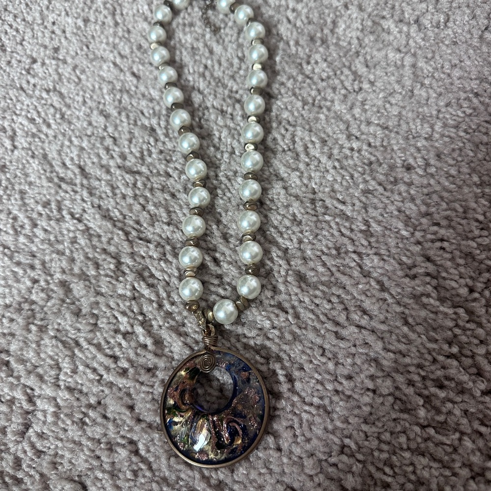Beaded Necklace with Blue and Gold Resin Pendant